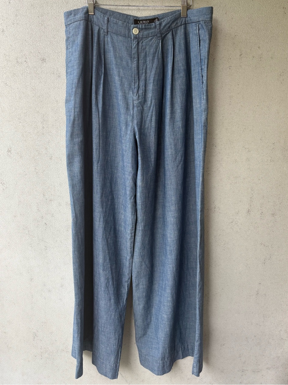 Lauren Ralph Lauren Chambray Pleated Wide Leg Pants 16 High Rise Cotton - Picture 8 of 13